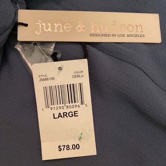 June & Hudson Slate Blue Shirred, Ruffled, Capped Sleeves Dress. Size L. - Picture 5 of 5